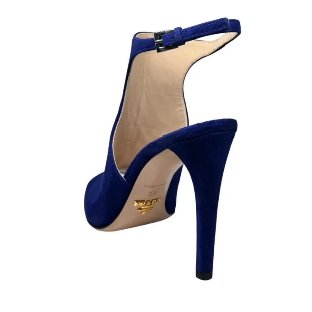 PRADA CAMO SC10 NAVY SUEDE MULE HEELS SIZE 37 ITALY ANKLE STRAP NEW IN BOX